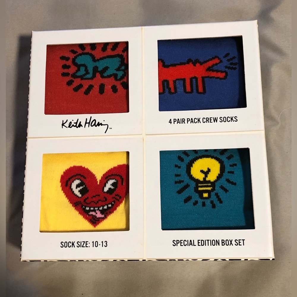 Limit Edition Keith Haring Crew Socks, 4 Different Designs, Size 10-13 M.